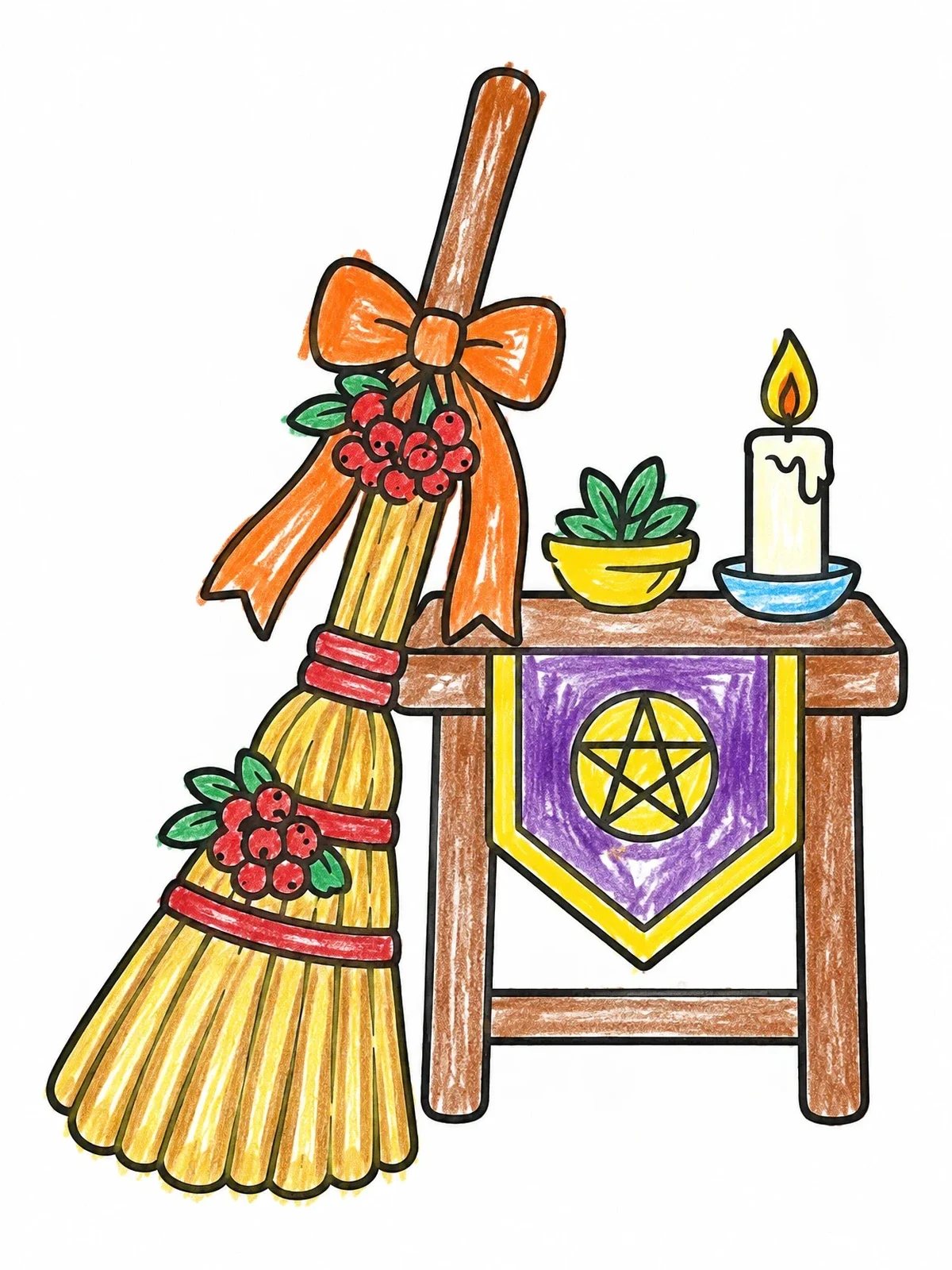 Colored example of the Mabon Altar With Ceremonial Broom coloring page