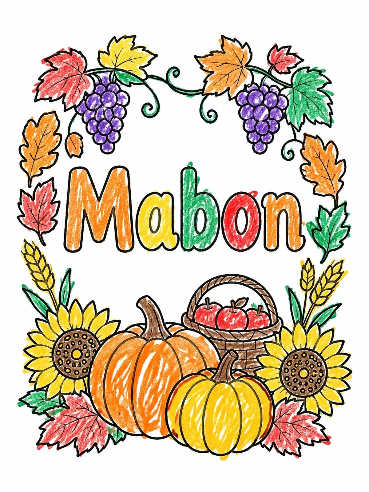 Colored example of the Mabon Autumn Harvest Celebration coloring page