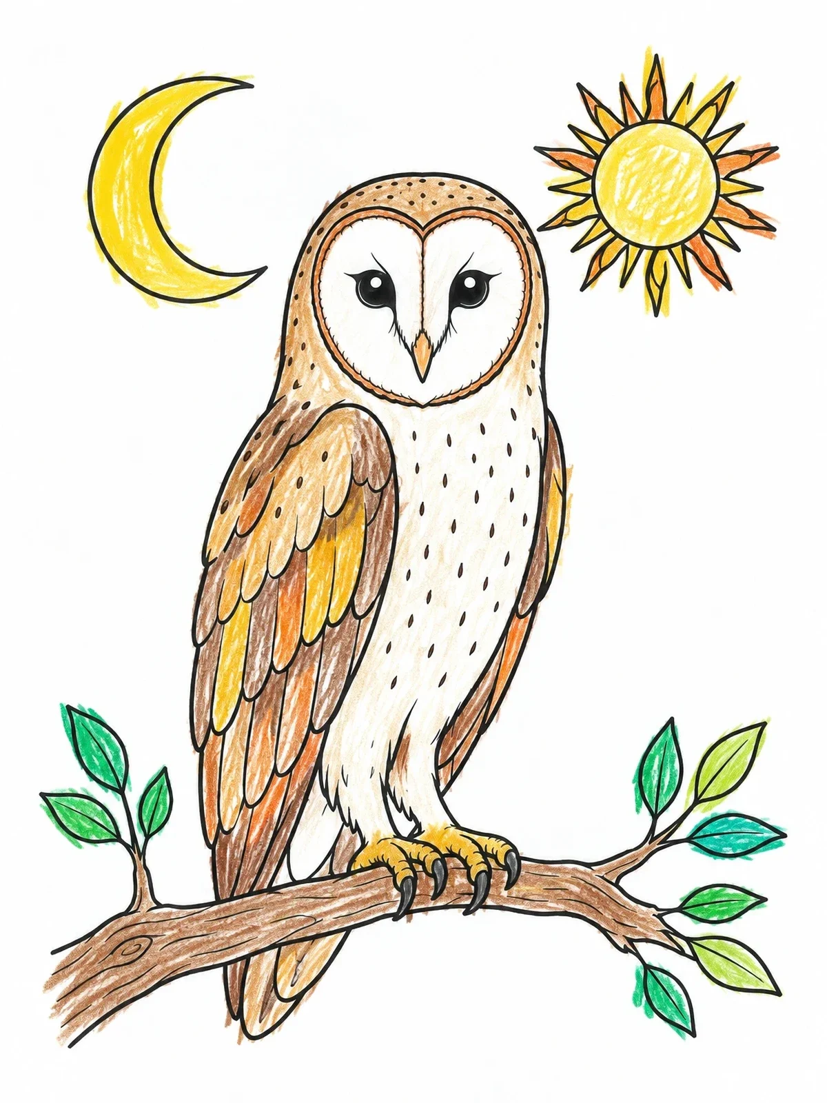 Colored example of the Barn Owl With Sun And Moon coloring page