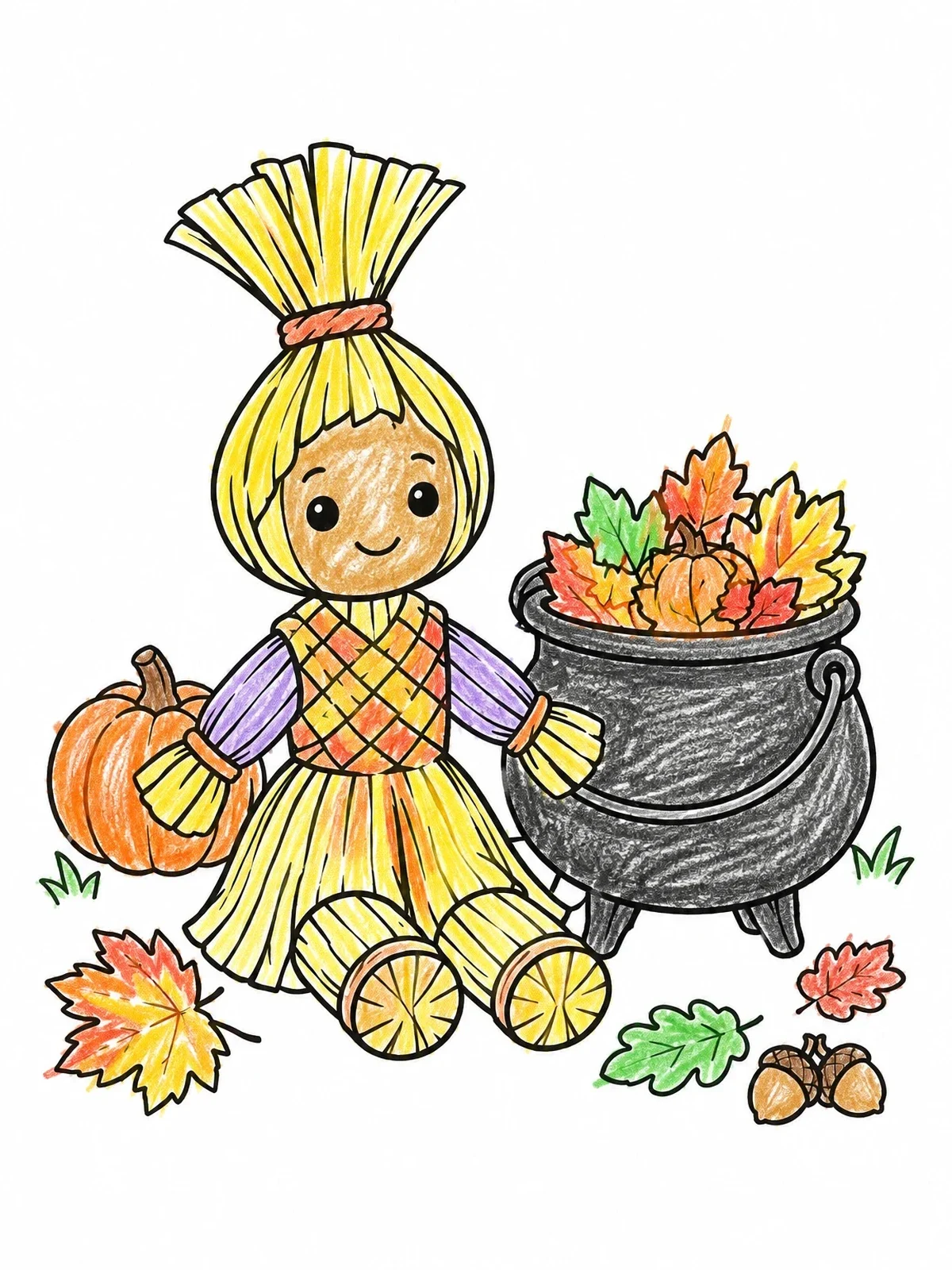 Colored example of the Cute Corn Dolly And Autumn Cauldron coloring page