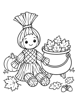 Free printable Cute Corn Dolly And Autumn Cauldron coloring page