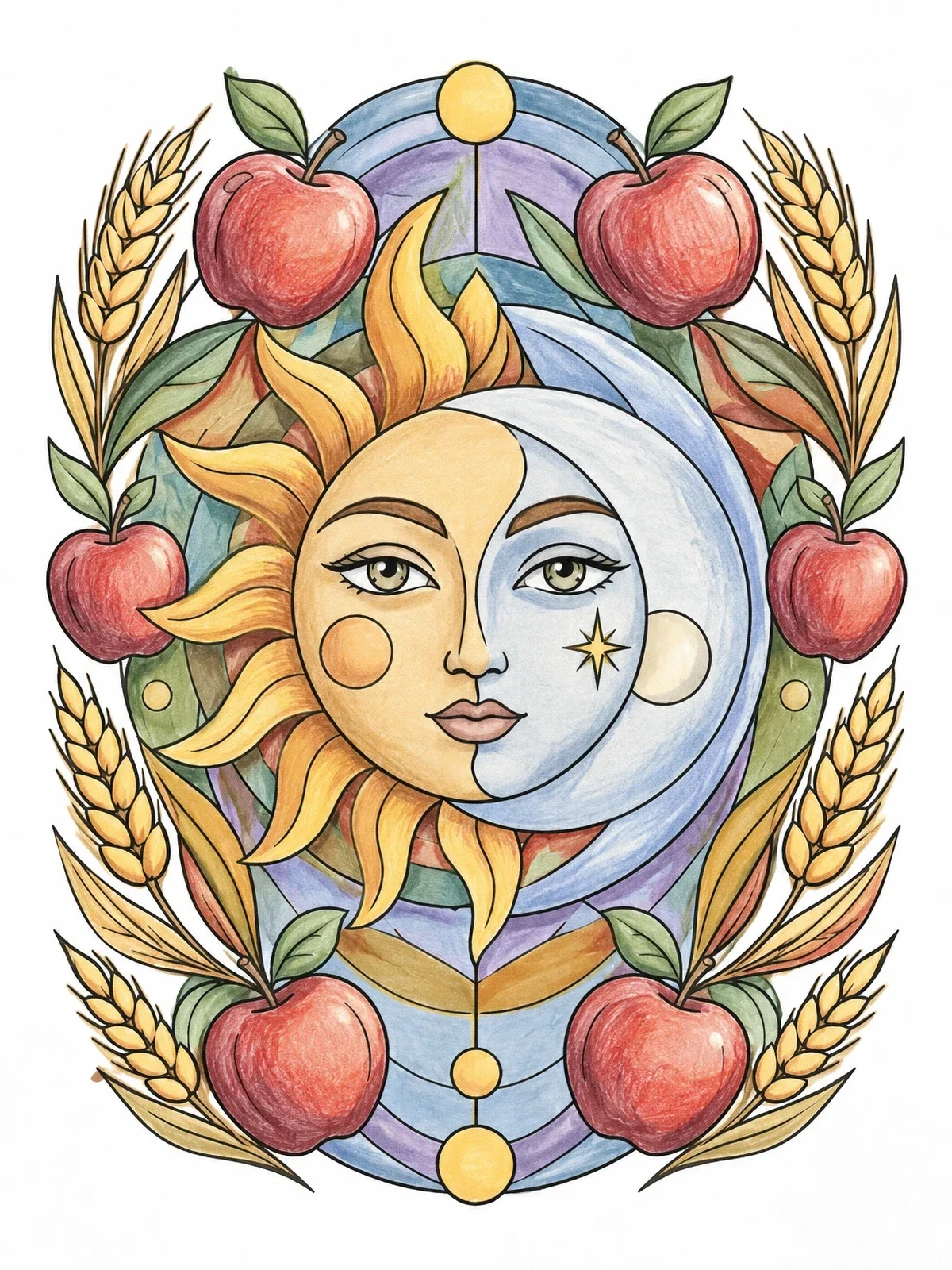 Colored example of the Celestial Autumn Equinox Harmony coloring page