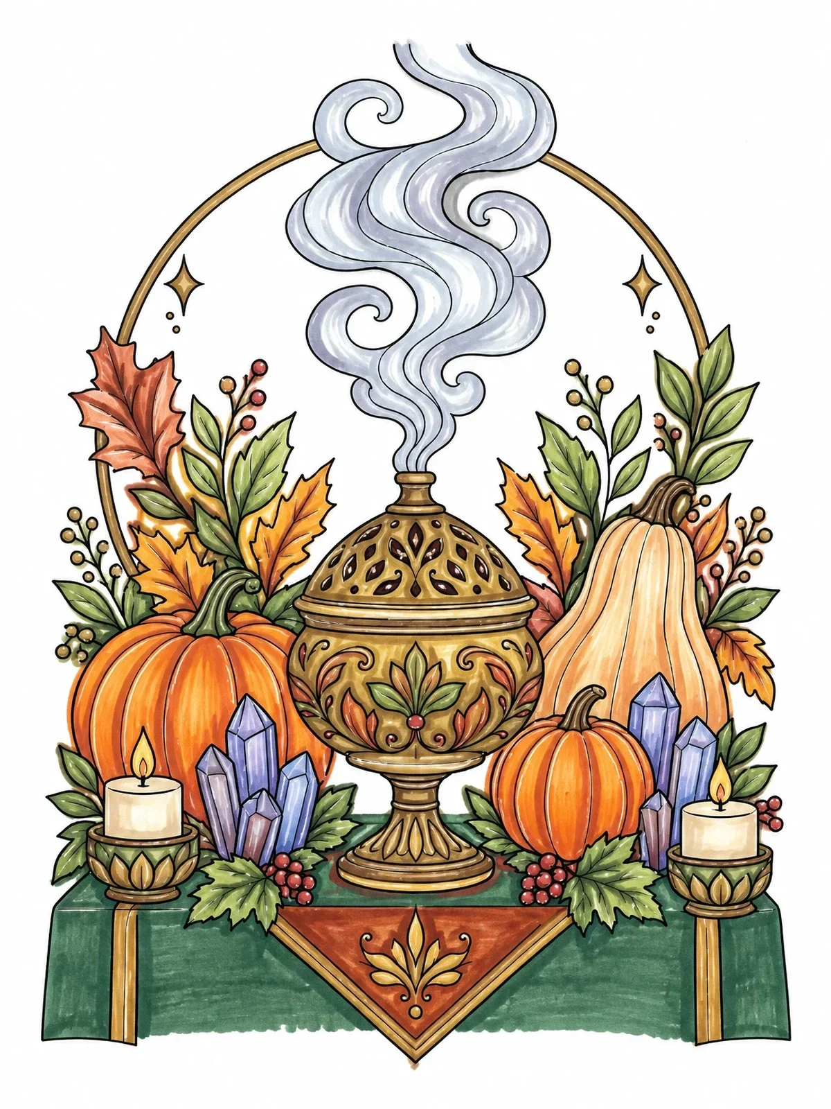 Colored example of the Mabon Altar With Incense Burner coloring page