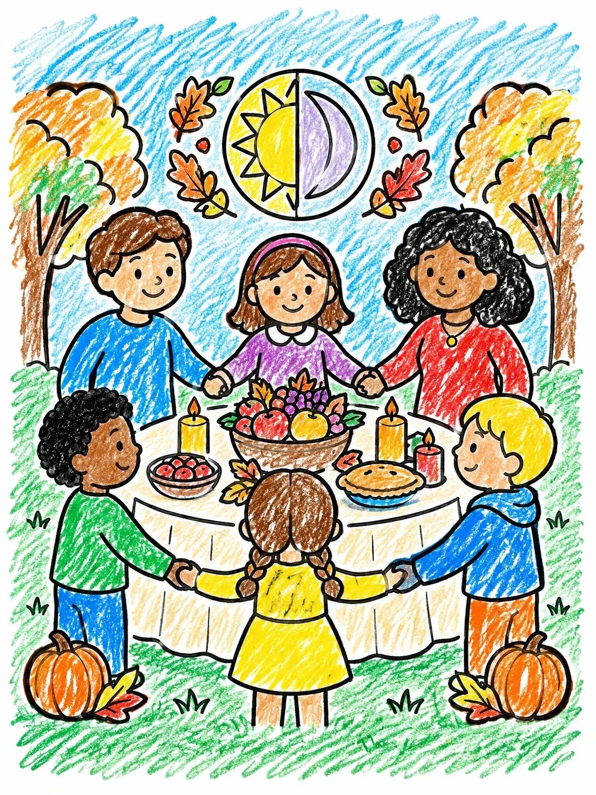 Colored example of the Family Celebrating Mabon Harvest Feast coloring page