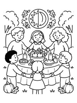 Free printable Family Celebrating Mabon Harvest Feast coloring page
