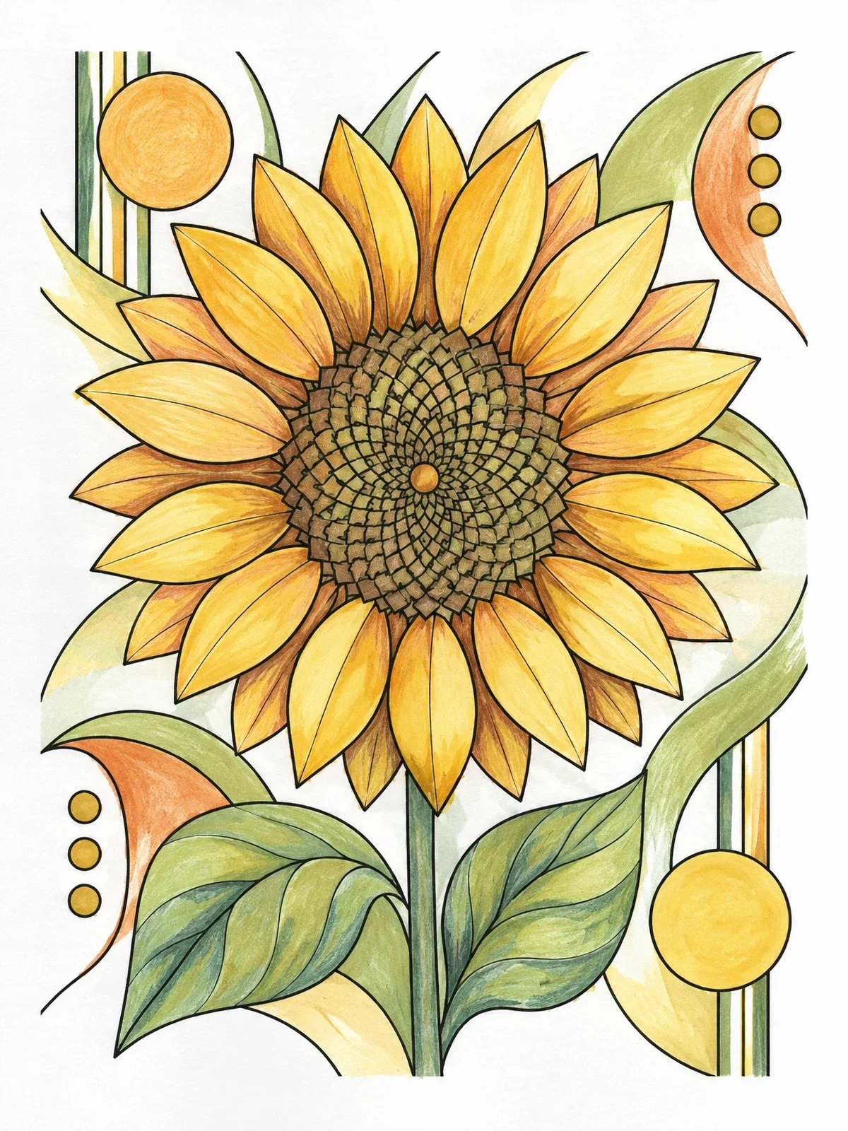 Colored example of the Geometric Sunflower In Bloom coloring page