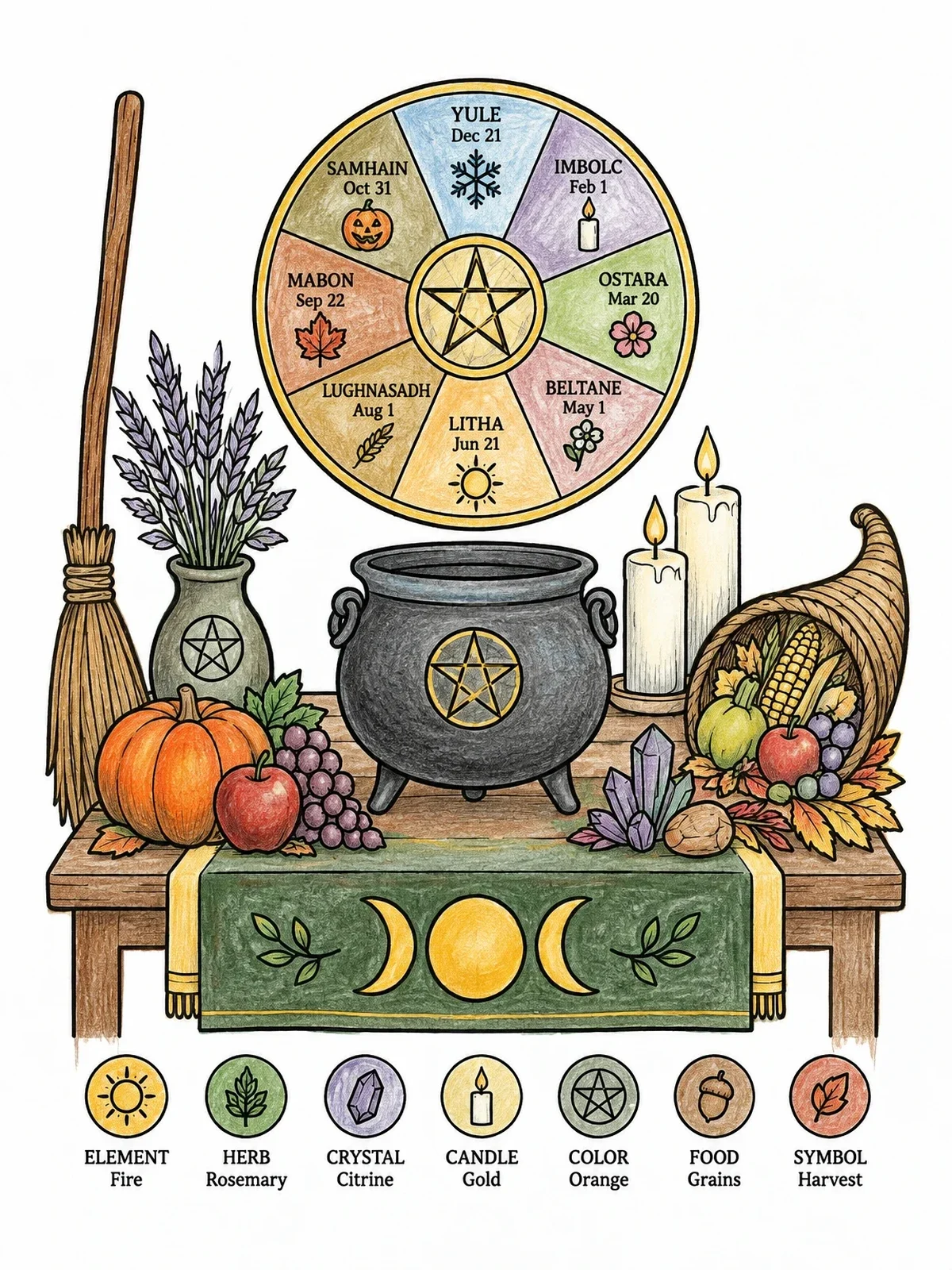 Colored example of the Mabon Harvest Altar And Wheel coloring page