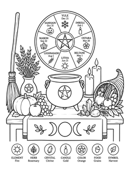Free printable Mabon Harvest Altar And Wheel coloring page