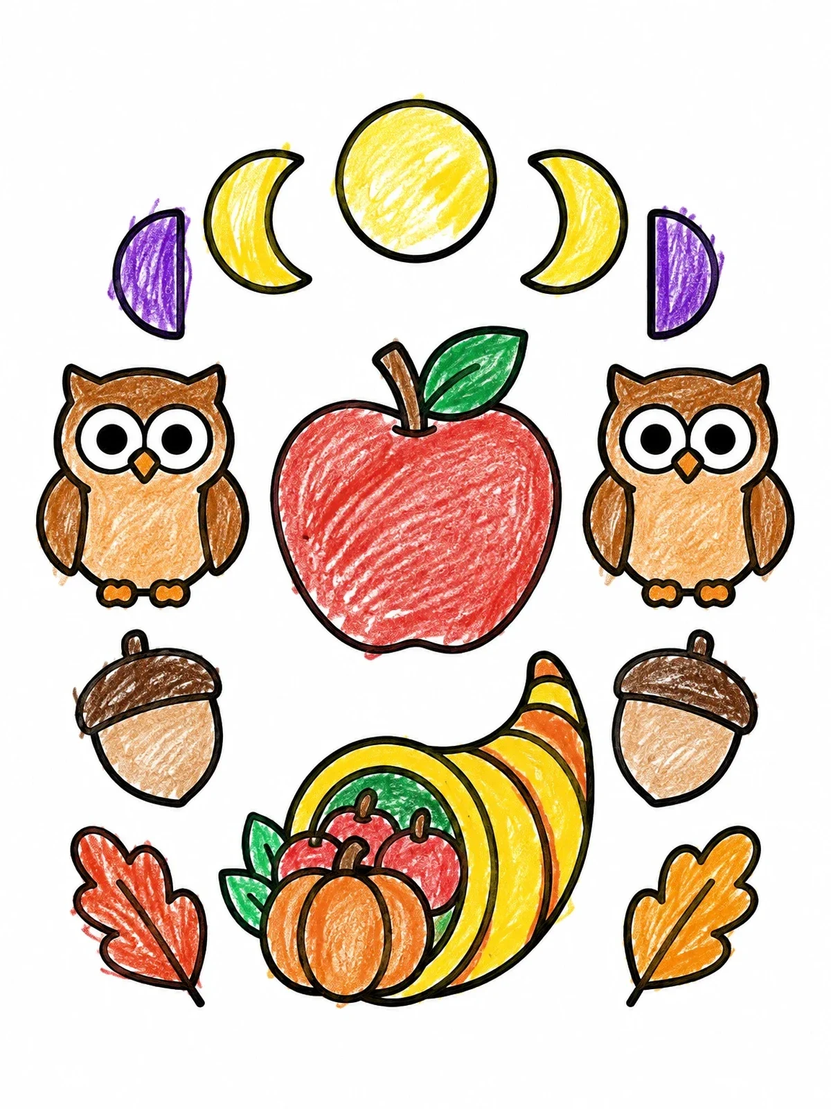Colored example of the Mabon Harvest Symbols And Owls coloring page