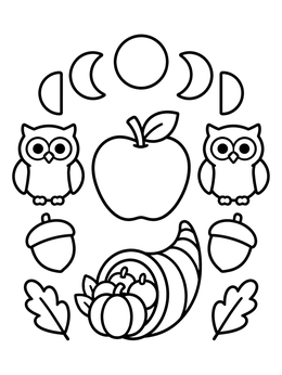 Free printable Mabon Harvest Symbols And Owls coloring page
