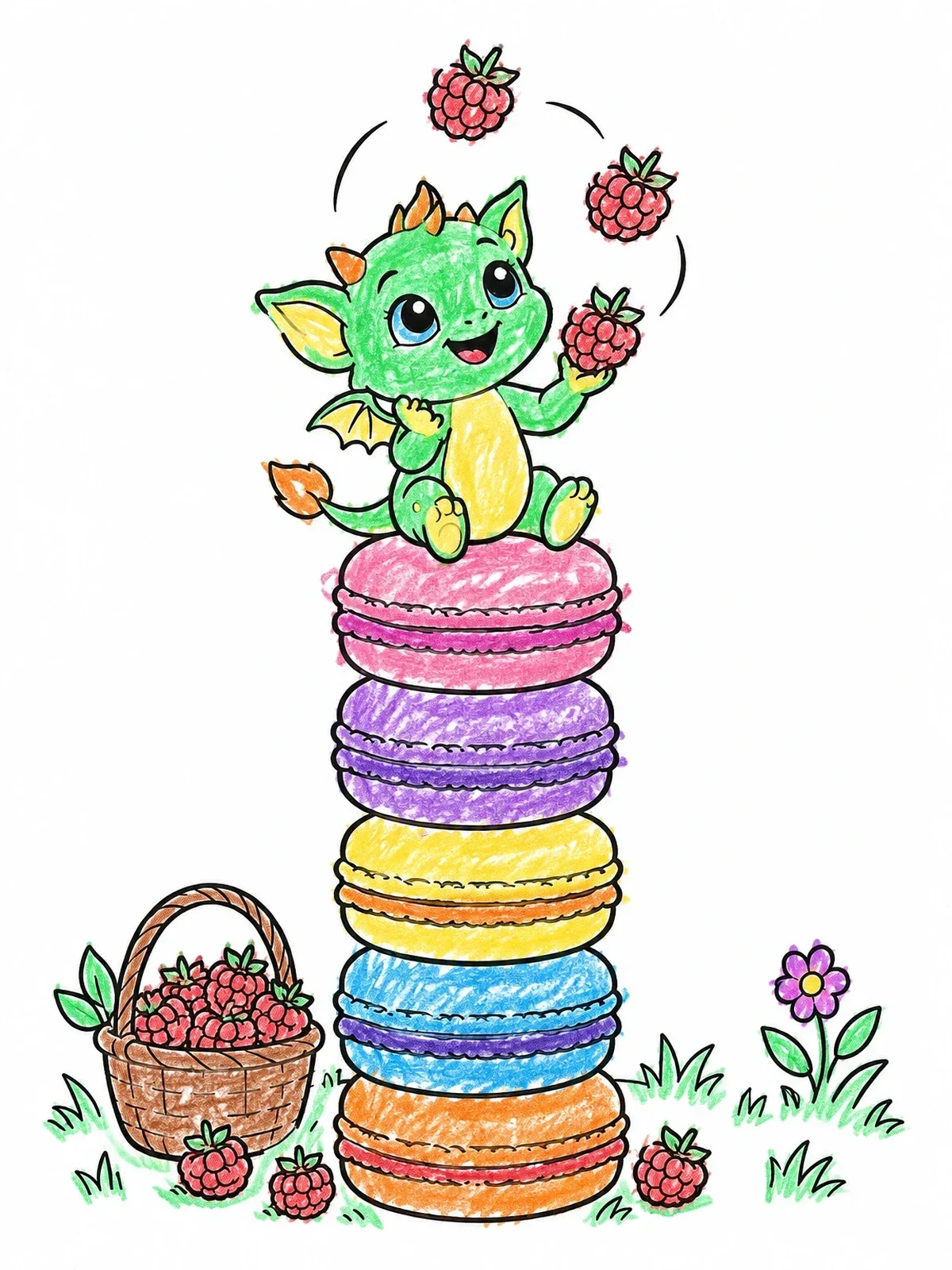 Colored example of the Cute Baby Dragon Atop Macaron Tower coloring page