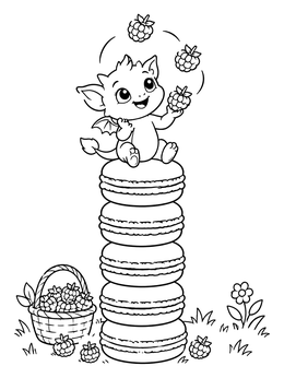 Free printable Cute Baby Dragon Atop Macaron Tower coloring page