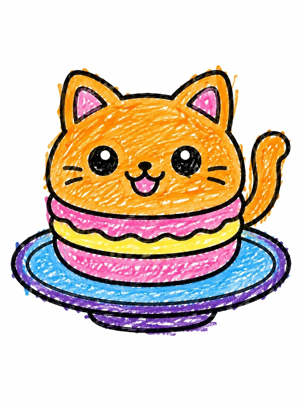 Colored example of the Cute Cat Macaron On Saucer coloring page