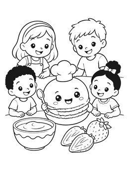 Free printable Cute Chef Macaron And Happy Children coloring page