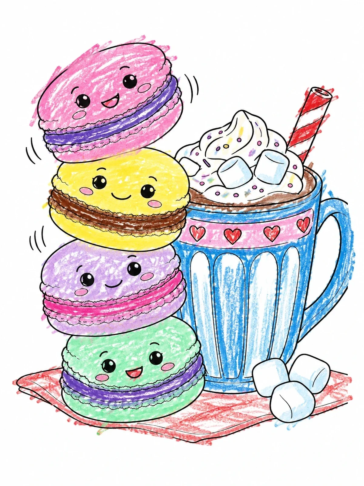 Colored example of the Cute Macaron Stack And Hot Cocoa coloring page