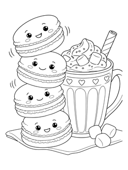 Free printable Cute Macaron Stack And Hot Cocoa coloring page