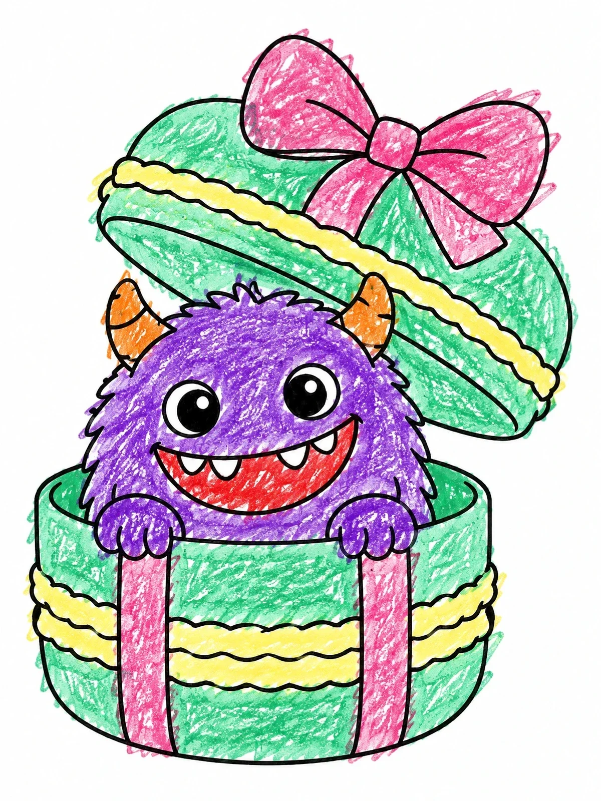 Colored example of the Cute Monster In Macaron Gift Box coloring page