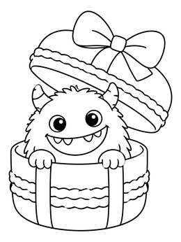 Free printable Cute Monster In Macaron Gift Box coloring page