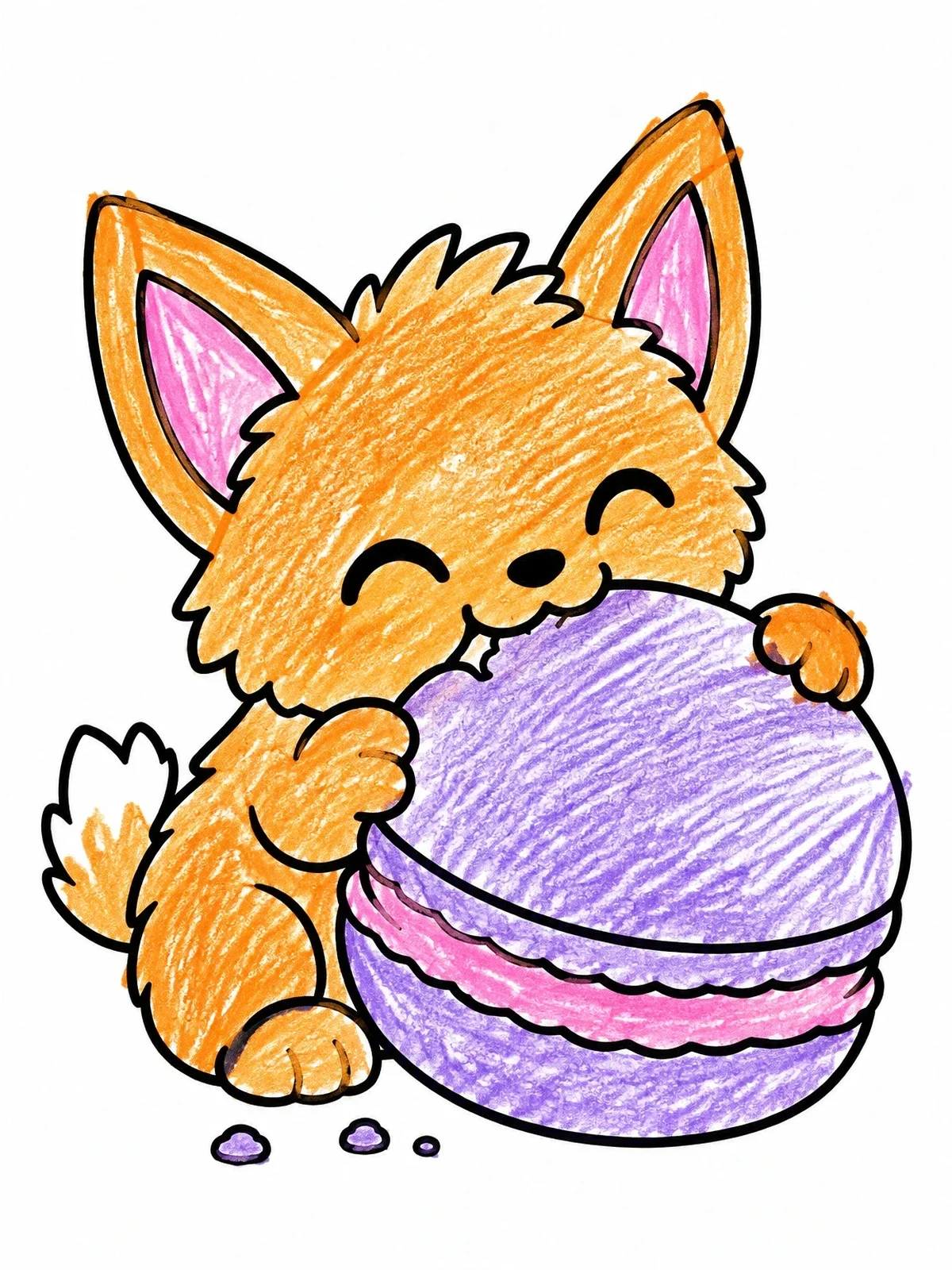 Colored example of the Fluffy Creature Nibbling A Giant Macaron coloring page