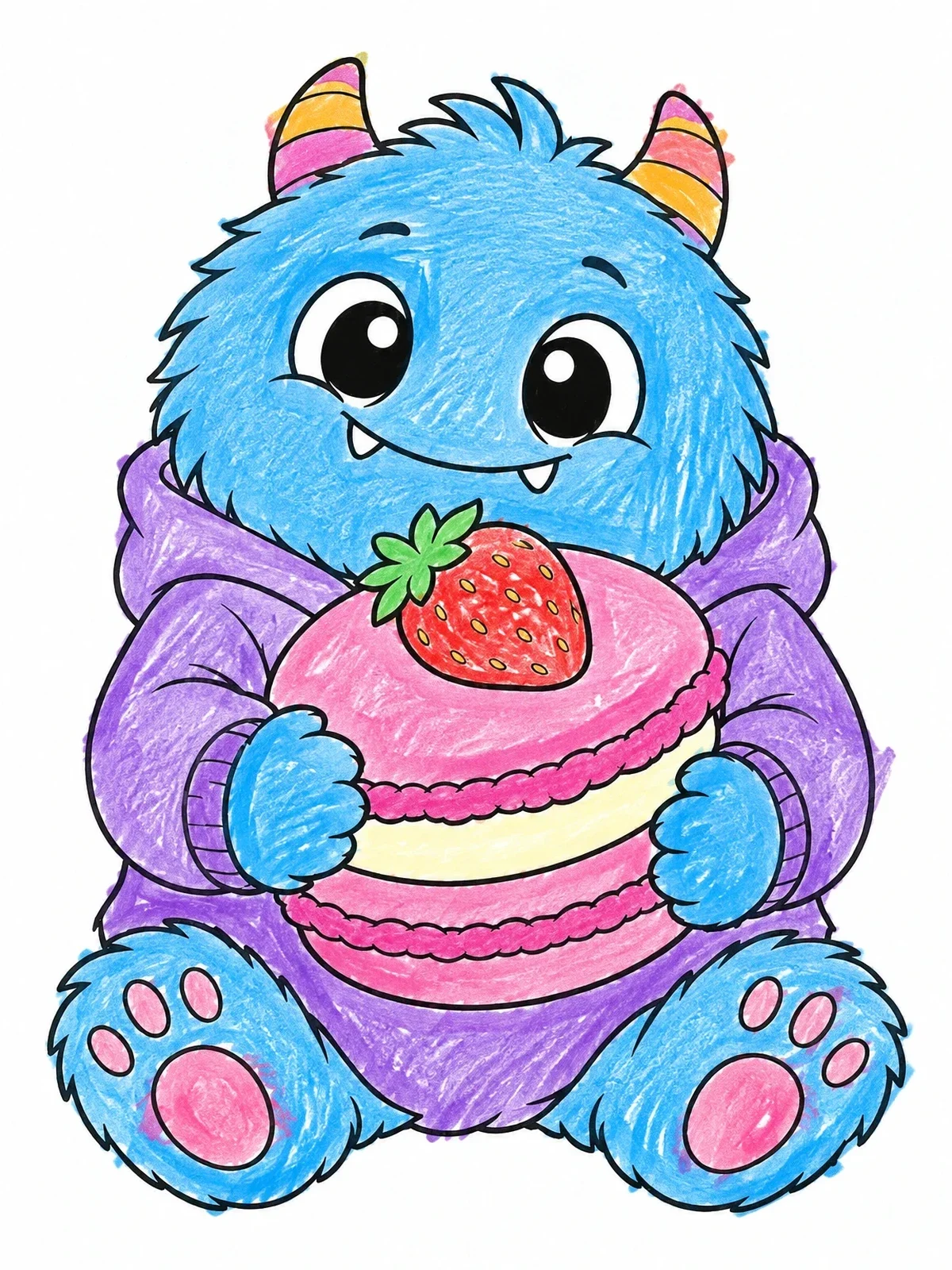 Colored example of the Cute Fluffy Monster Hugging Strawberry Macaron coloring page