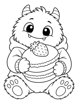 Free printable Cute Fluffy Monster Hugging Strawberry Macaron coloring page