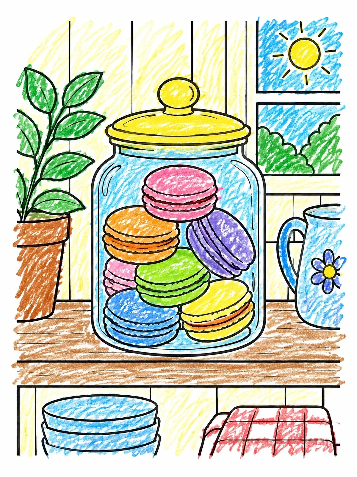 Colored example of the Sweet Macarons In Kitchen Glass Jar coloring page
