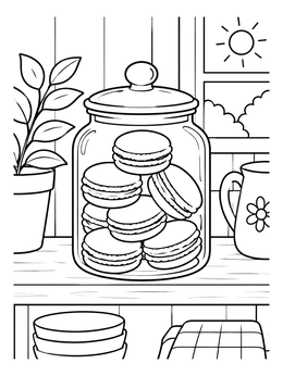 Free printable Sweet Macarons In Kitchen Glass Jar coloring page