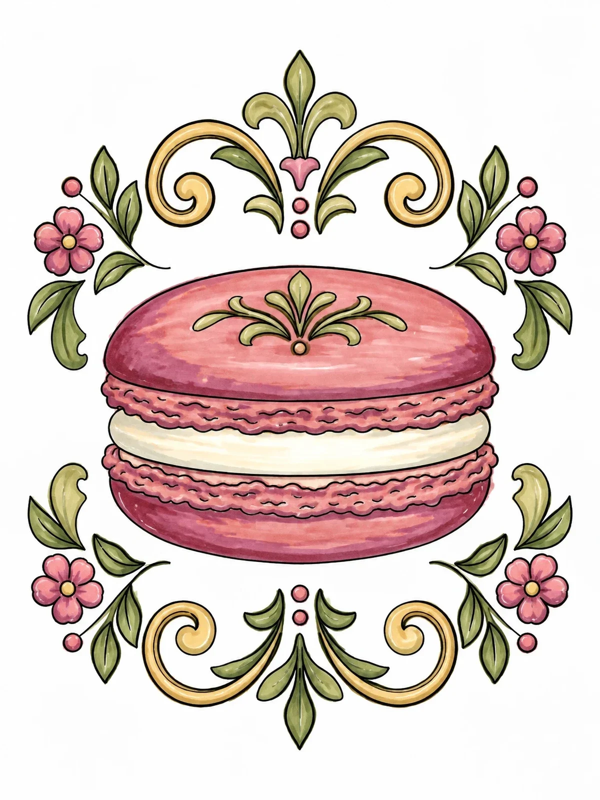Colored example of the Ornate French Macaron With Floral Borders coloring page
