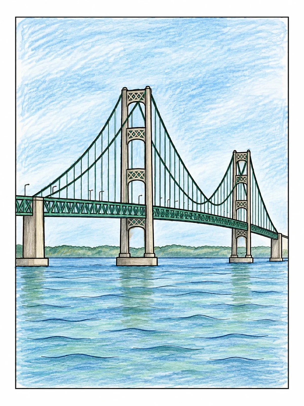 Colored example of the Mackinac Bridge Over Gentle Waves coloring page