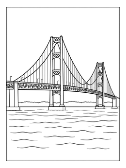 Iconic Mackinac suspension bridge spanning blue water in this detailed michigan coloring page.