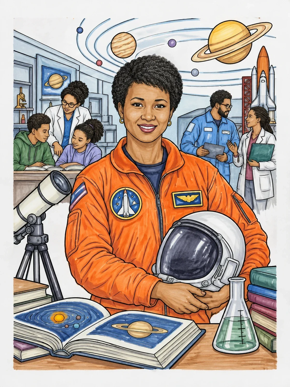 Colored example of the Astronaut Mae Jemison In Science Lab coloring page