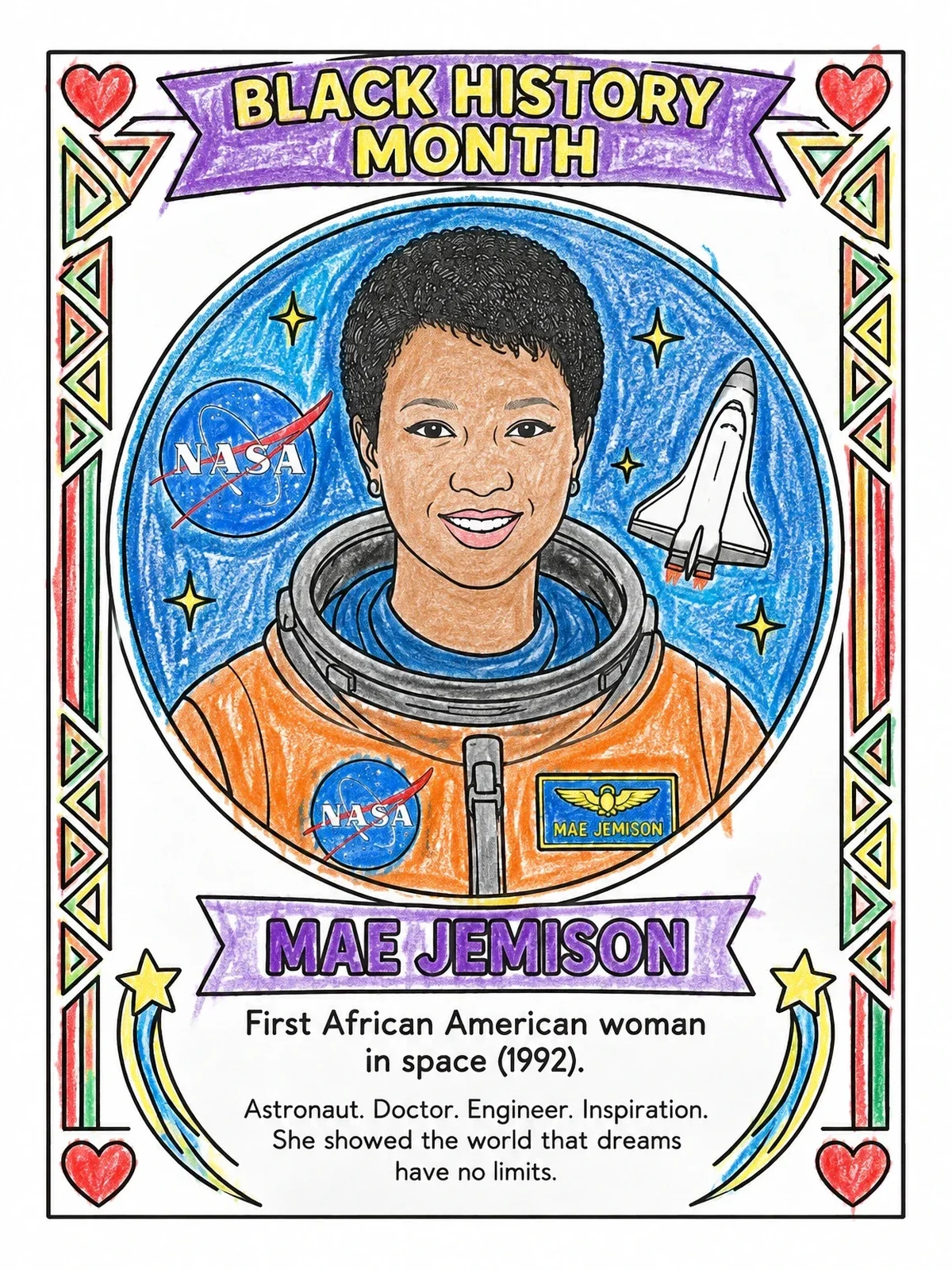 Colored example of the Mae Jemison Astronaut Black History Poster coloring page