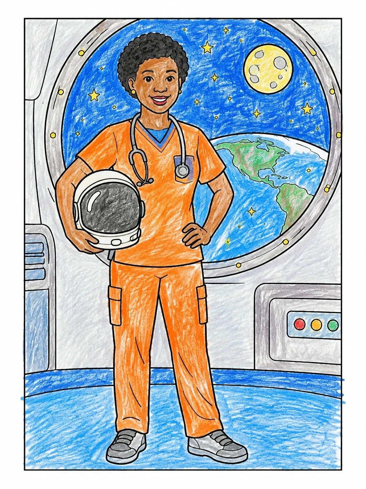 Colored example of the Mae Jemison In Spacecraft coloring page