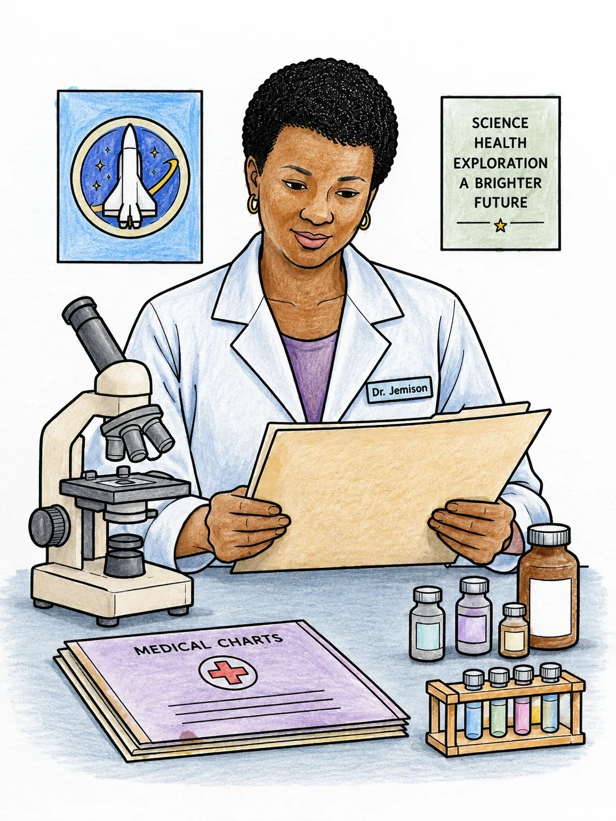 Colored example of the Dr. Mae Jemison In The Laboratory coloring page