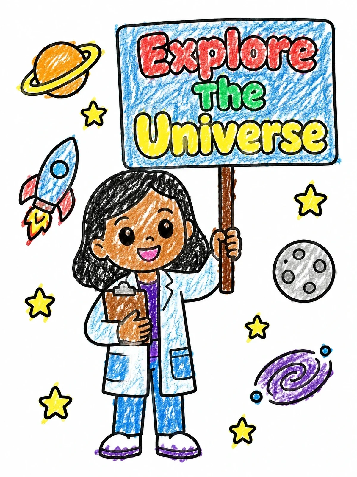 Colored example of the Young Scientist Exploring The Universe coloring page