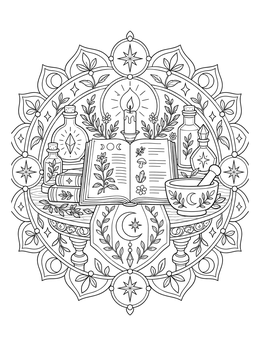An ornate magic coloring page showing an apothecary desk with potions, a spellbook, and herbs.
