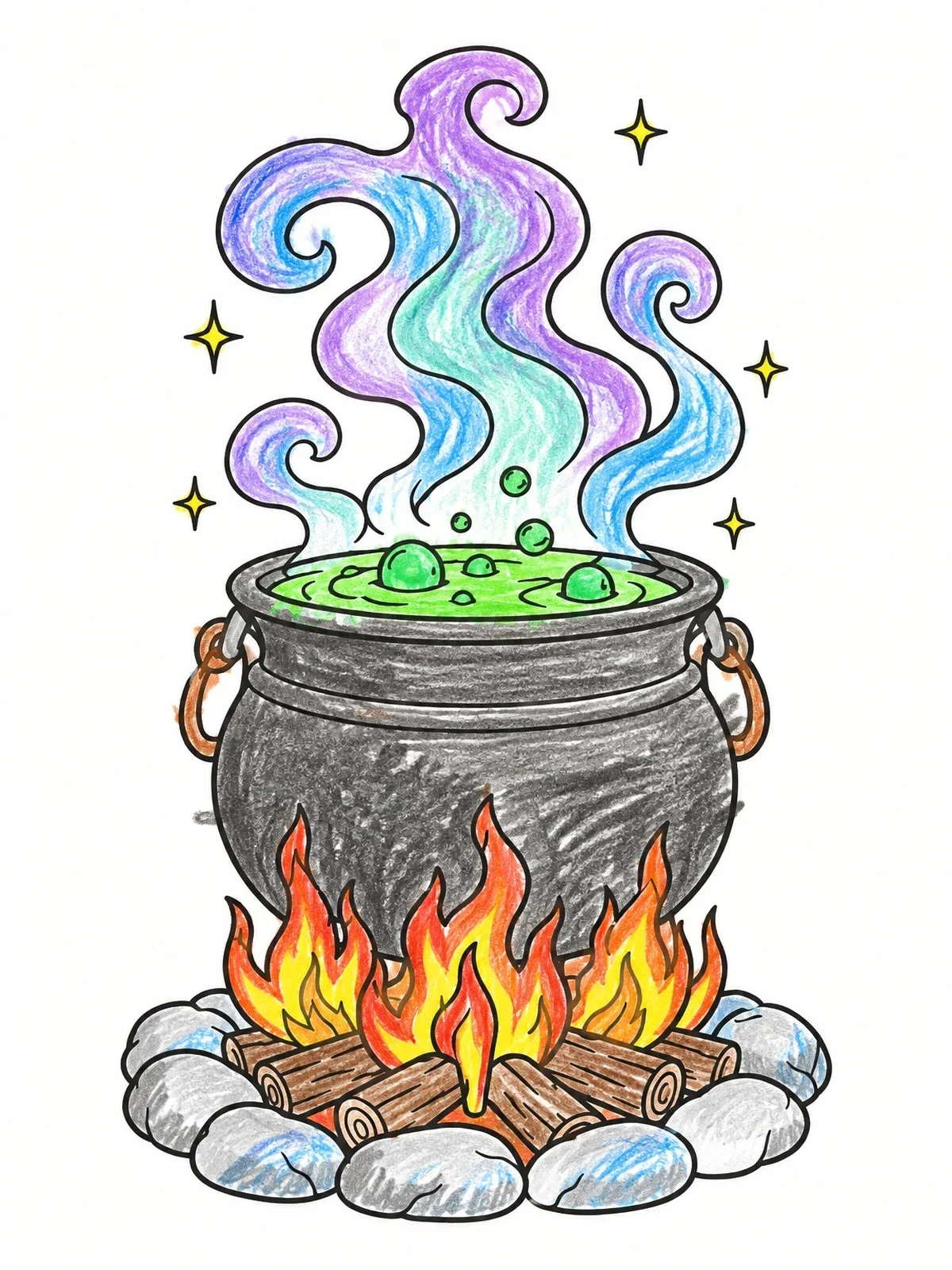 Colored example of the Bubbling Cauldron Over Campfire coloring page