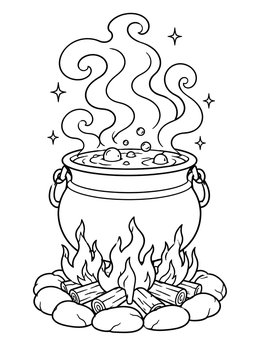 A bubbling witch cauldron over a campfire with swirls of smoke on this magic coloring page.