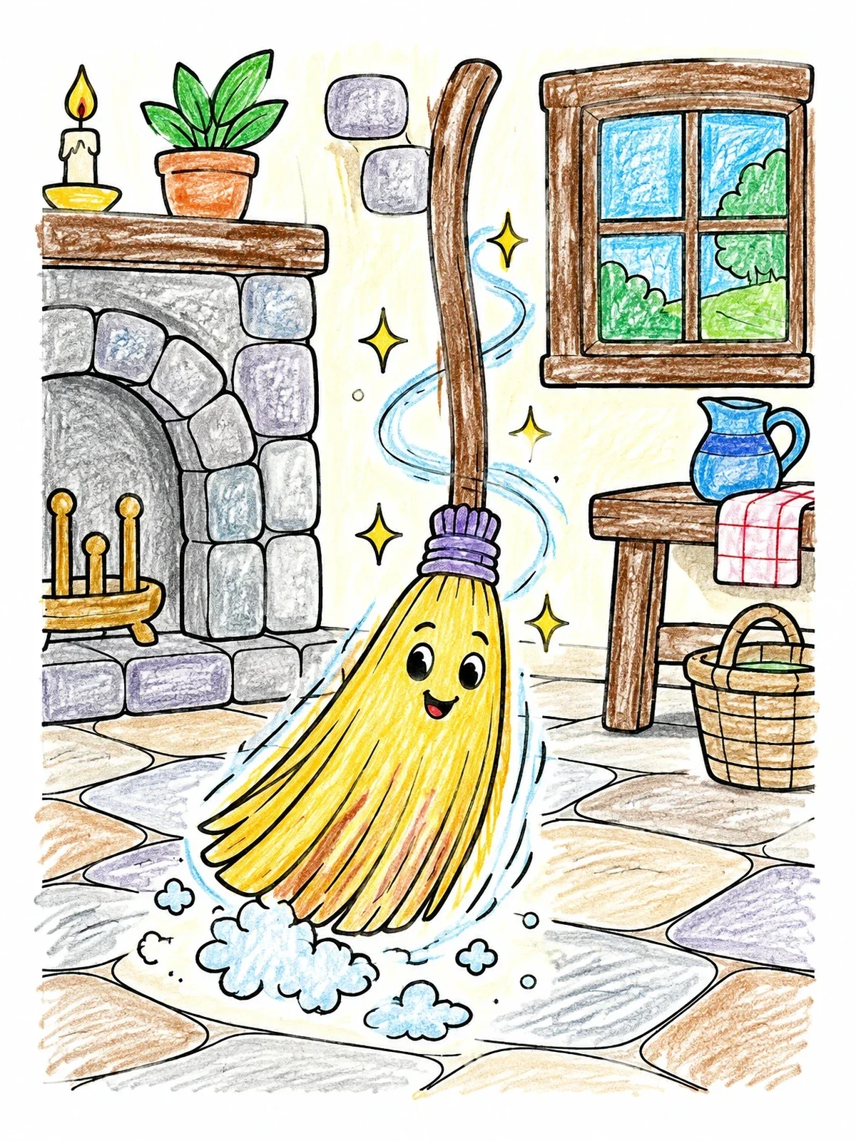 Colored example of the Enchanted Broom Sweeping Cottage Floor coloring page