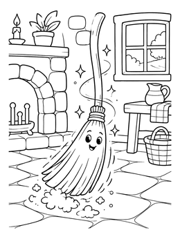 Free printable Enchanted Broom Sweeping Cottage Floor coloring page
