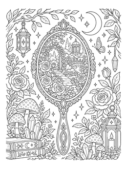 An ornate magic coloring page showing an enchanted mirror reflecting a blooming rose garden.