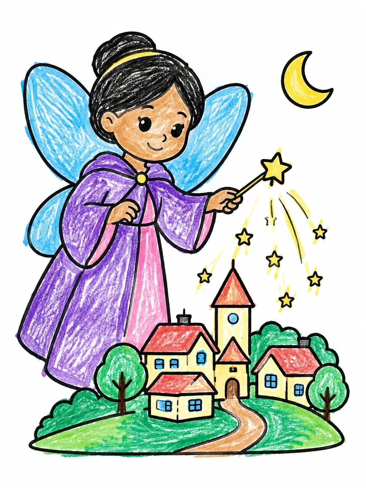 Colored example of the Fairy Godmother Over A Sleeping Village coloring page