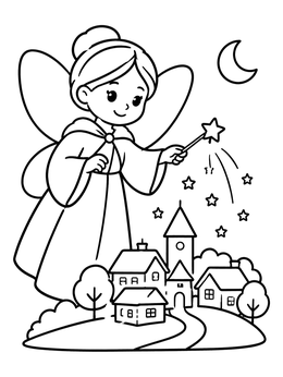 Free printable Fairy Godmother Over A Sleeping Village coloring page