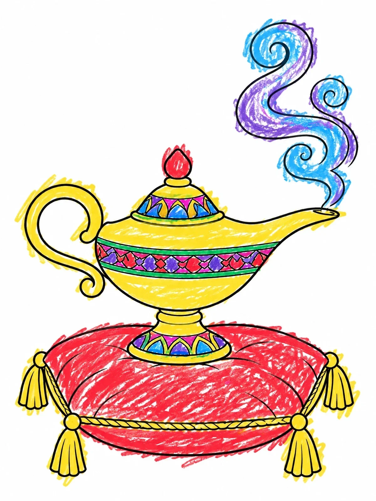 Colored example of the Magic Genie Lamp On Cushion coloring page