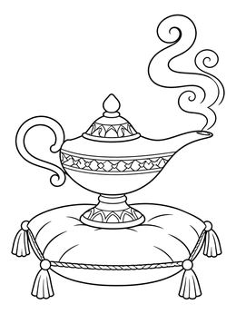 A magic genie oil lamp coloring page resting on an ornate tasseled cushion with curling smoke.