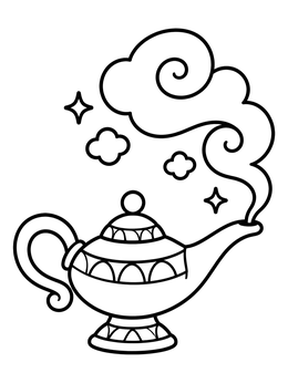 A magic coloring page showing an ornate genie lamp with swirling smoke and stars.