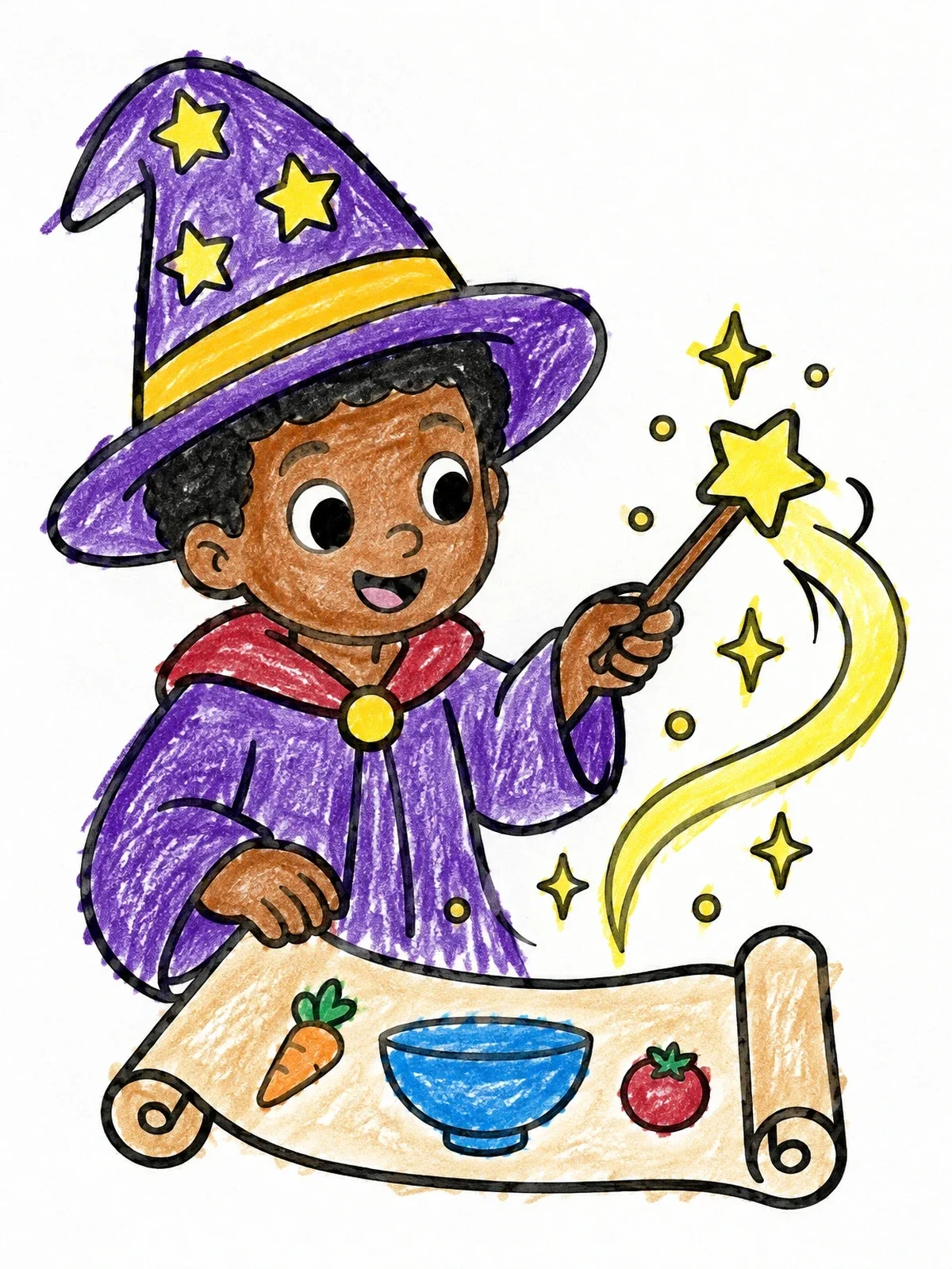 Colored example of the Little Wizard With Recipe Scroll coloring page