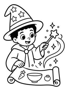 Free printable Little Wizard With Recipe Scroll coloring page