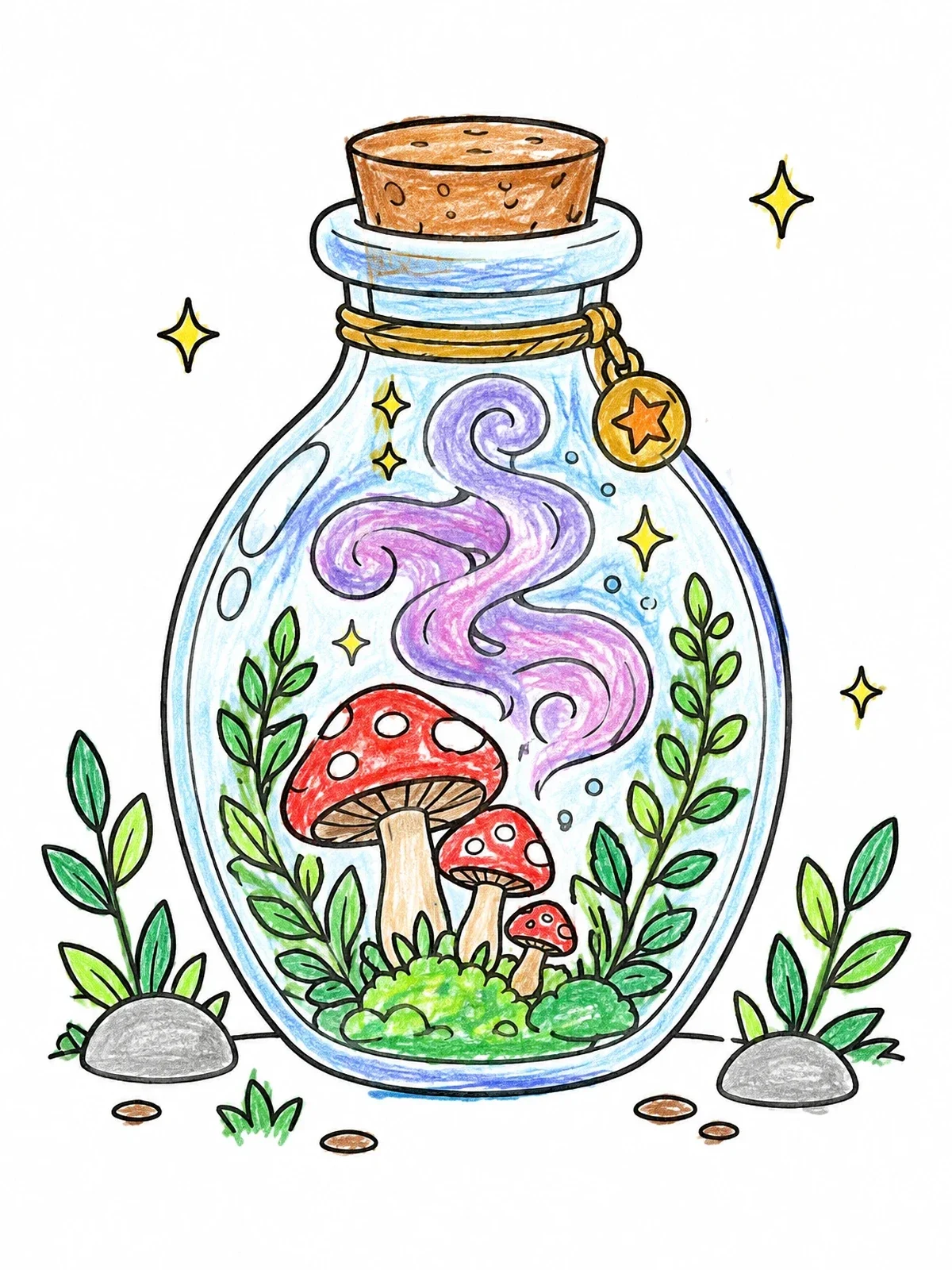 Colored example of the Magic Mushroom Potion Jar coloring page