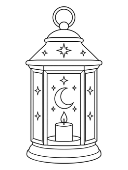 A glowing candle inside a magic coloring page lantern with crescent moon and stars.